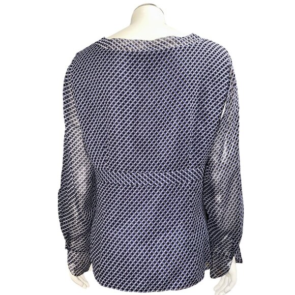 Ann Taylor Size 8 Navy Silk Blouse Geometric Print Long Sleeve Side Zip Y2K Work - Picture 5 of 13